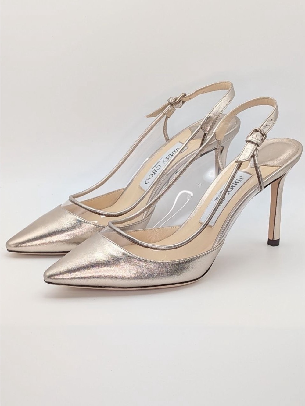 New w/ BoxJimmy Choo “Erin 85” Platinum Leather Slingback Heels Authentic 38.5 - Picture 2 of 16
